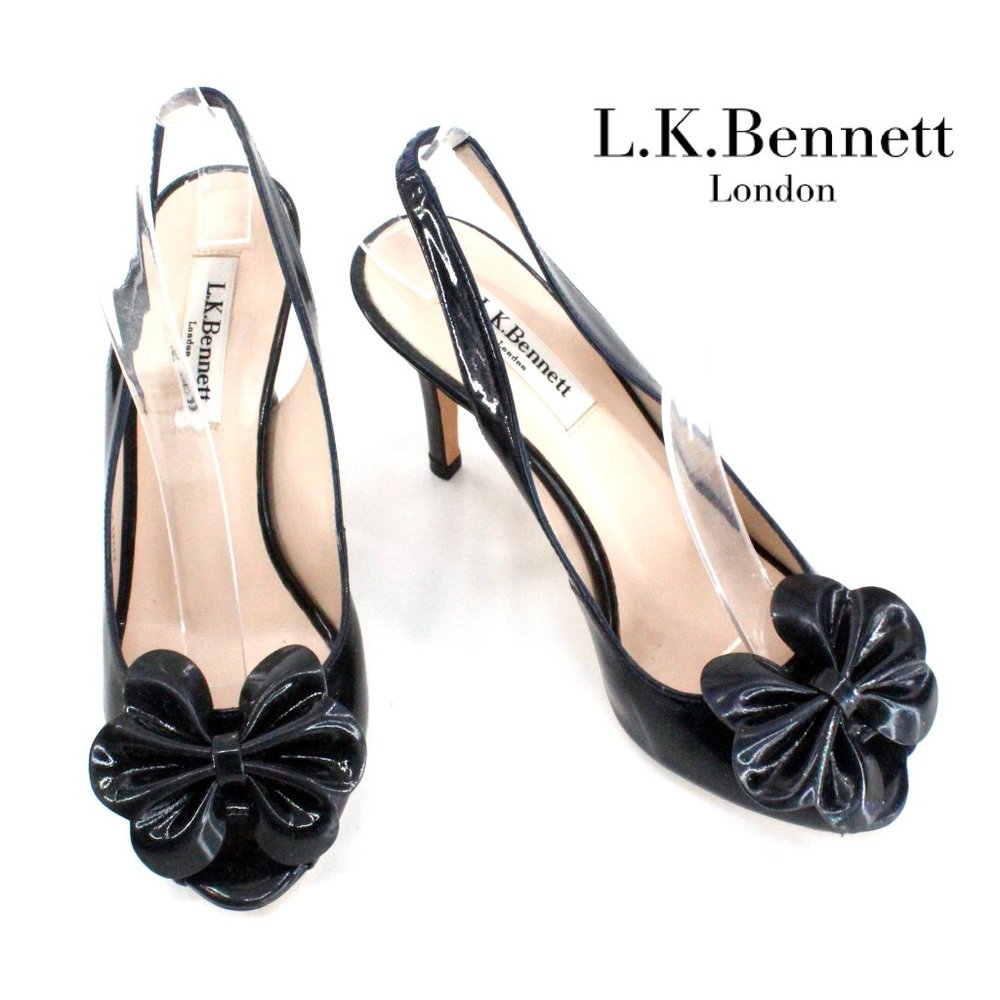 L.K. Bennett Black Patent Leather Peep Toe Slingback Bow Heel SZ 36